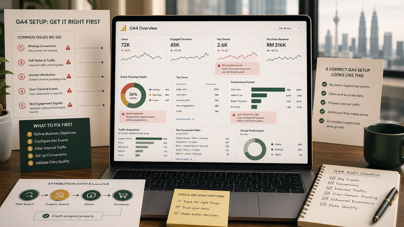 GA4 analytics setup dashboard showing event tracking and attribution issues