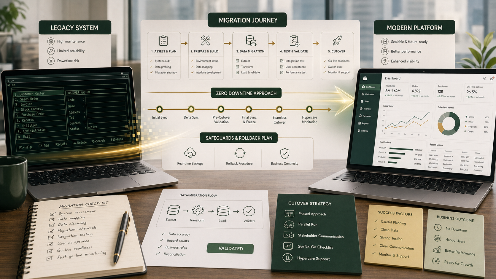 Legacy system migration plan showing staged cutover, data migration, and low-risk transition