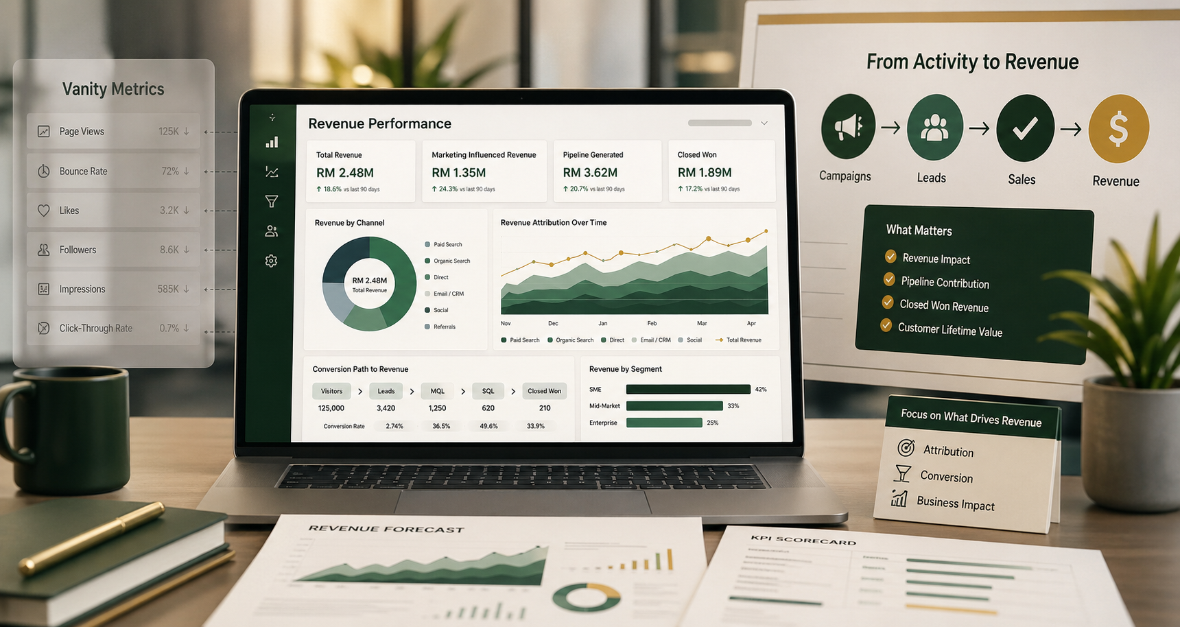 Revenue attribution dashboard showing channels, leads, sales, and revenue metrics