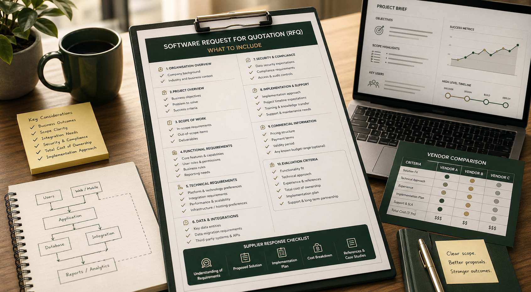 Software RFQ checklist with requirements notes, procurement steps, and vendor comparison worksheet