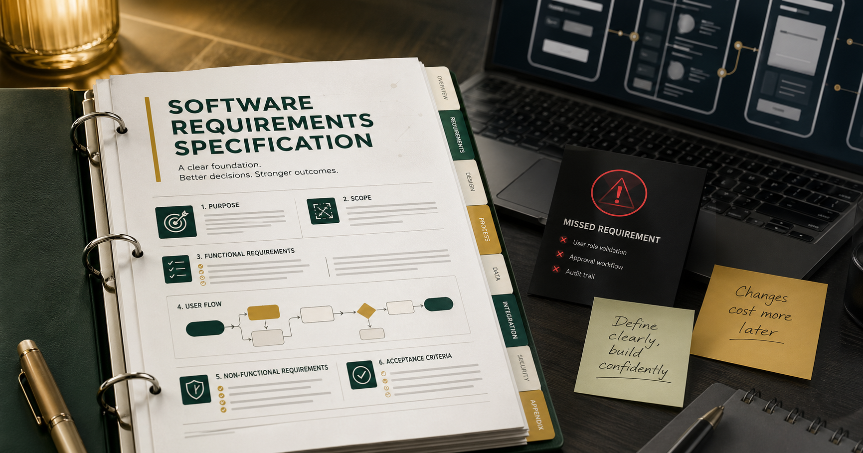 Software requirements specification document with system diagrams and project notes