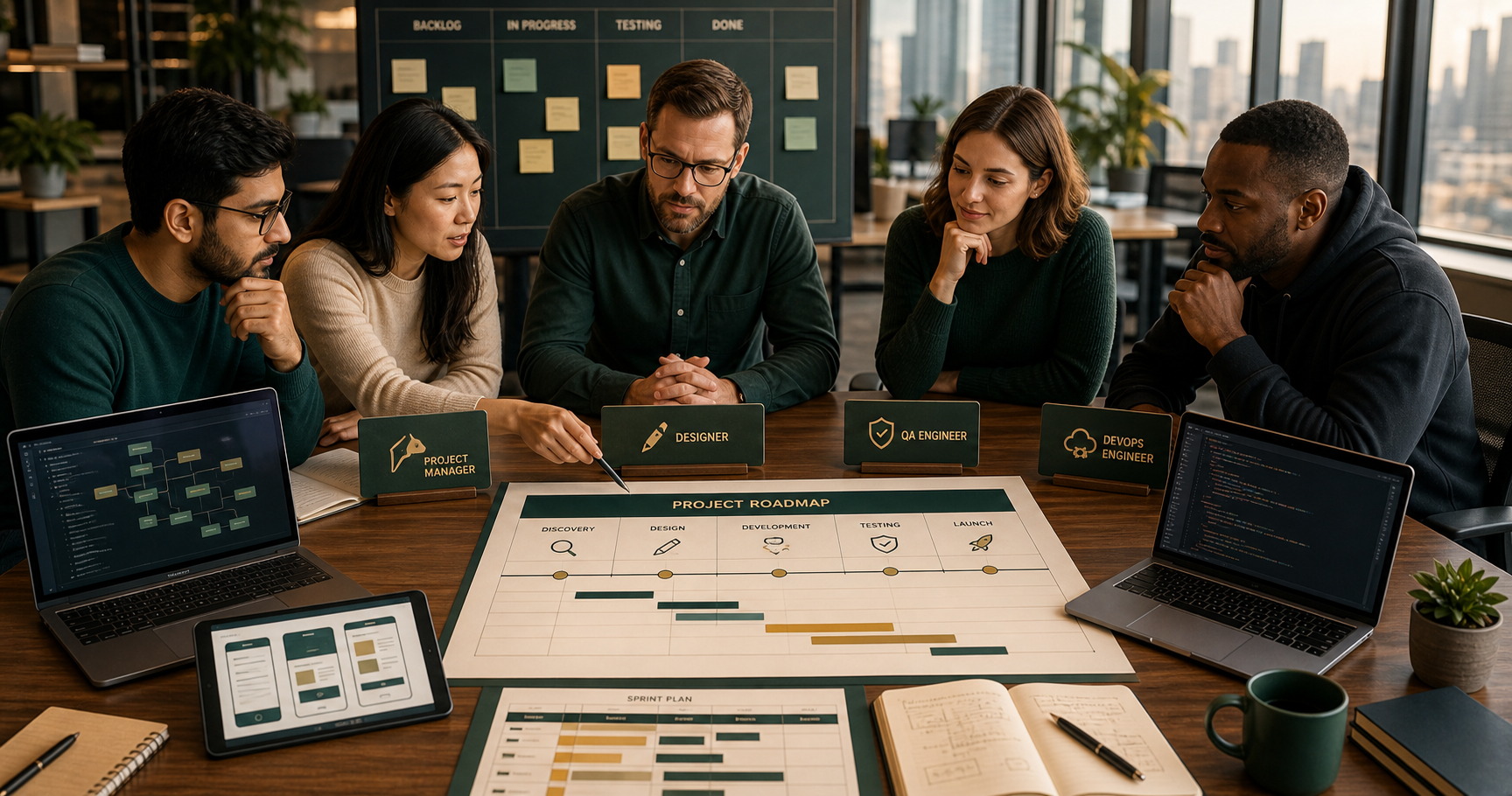 Managed IT team assembled around a project roadmap with design, development, QA, and DevOps roles