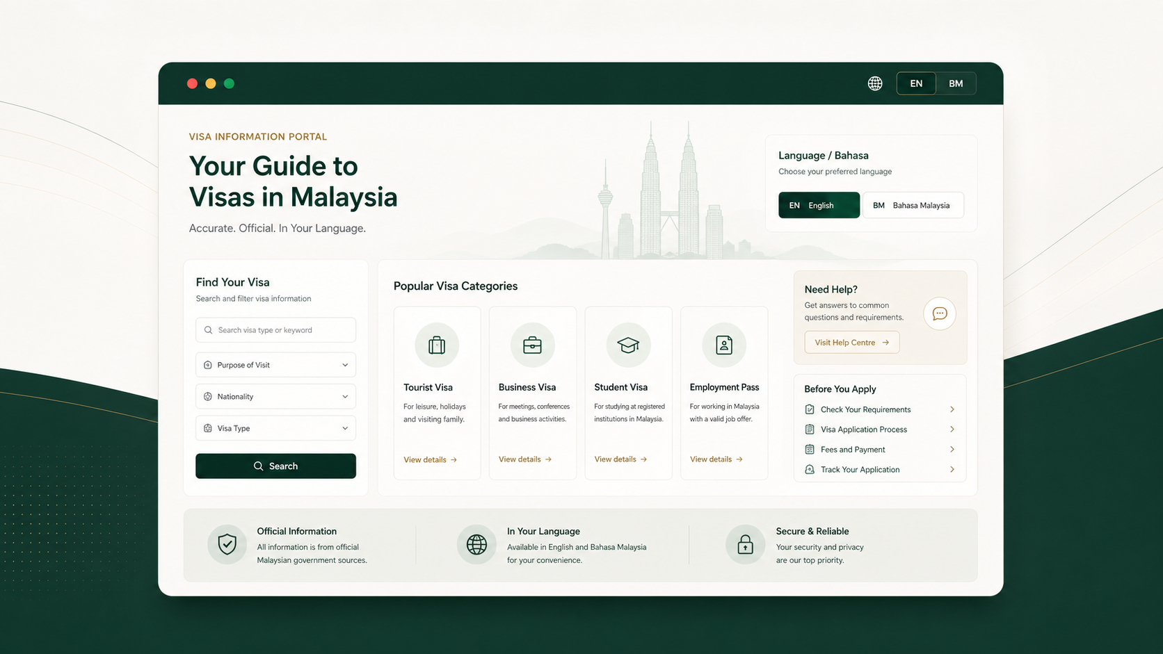 Multilingual visa information portal interface with bilingual layout and structured content