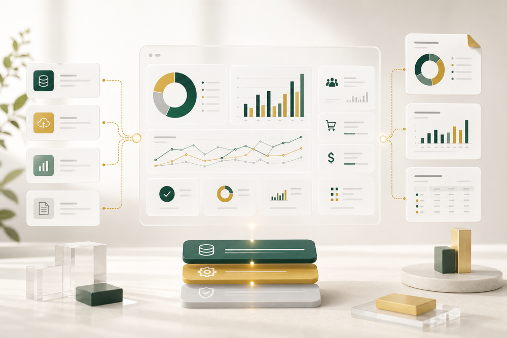 Connected business analytics dashboard with data sources, reporting panels, and KPI charts