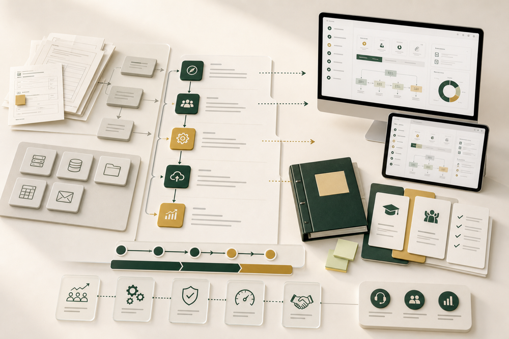 Digital transformation workflow showing manual processes becoming a modern operating system