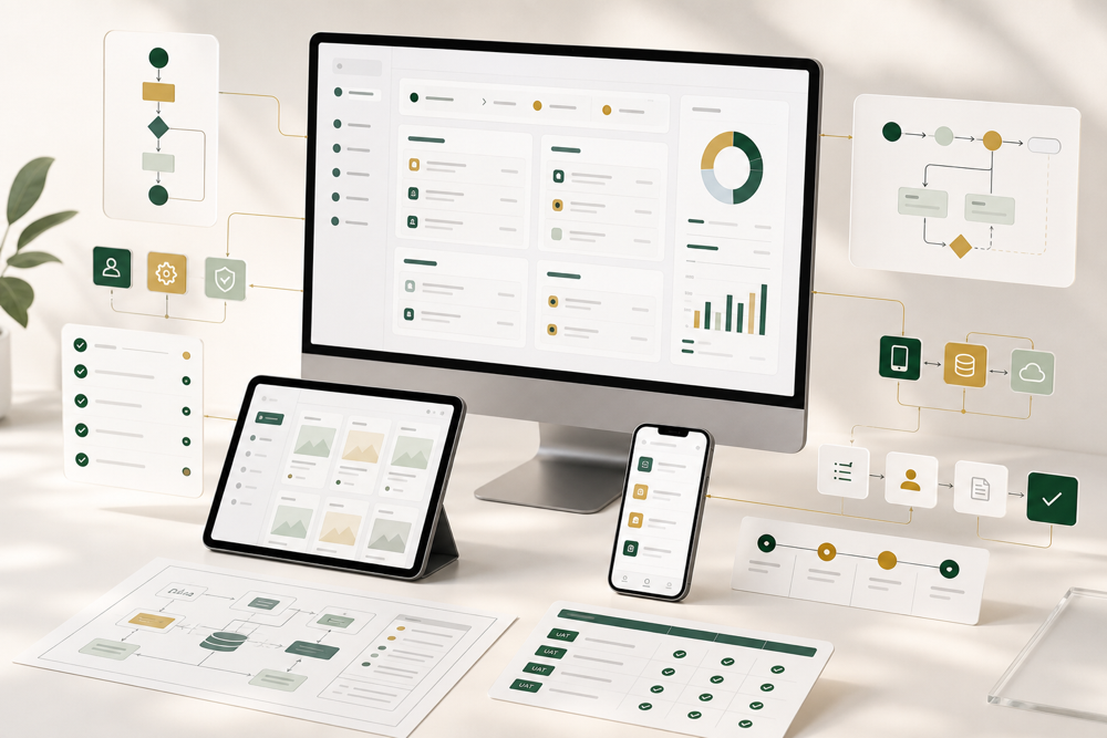 Custom web and mobile application interfaces with workflow, milestone, and UAT planning cards
